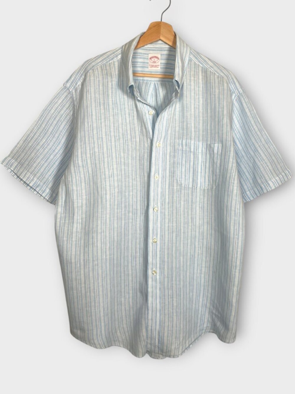 Brooks Brothers Short Sleeve 100% Linen Shirt Men's LARGE Blue White Stripe